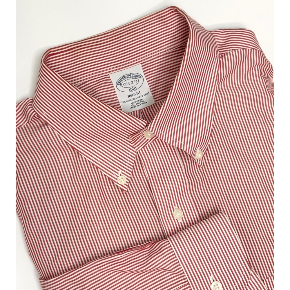 Brooks Brothers Mens 17.5 Reg Red White Stripe Long Sleeve Button Down Shirt